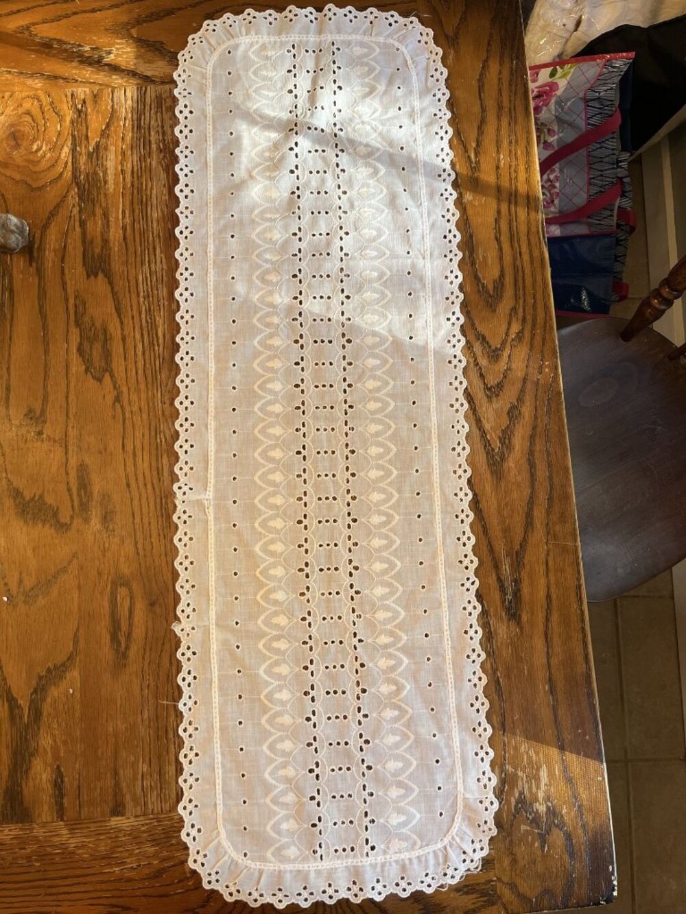 Vintage White Cotton Eyelet Lace Table Runner 13" X 40" With Scalloped Edges & D